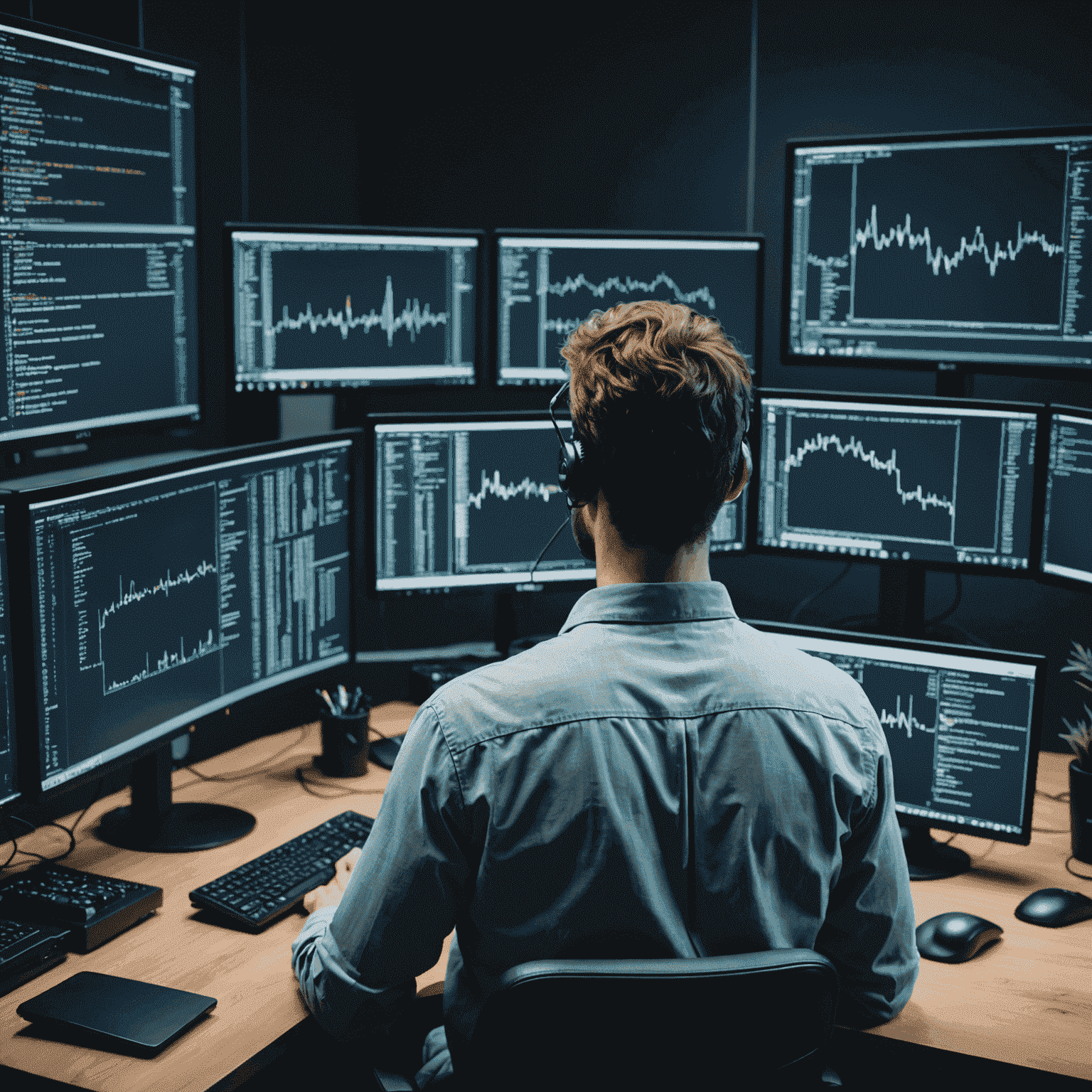 Imagen de un desarrollador trabajando en código JavaScript avanzado, mostrando múltiples monitores con código complejo y diagramas de arquitectura de software