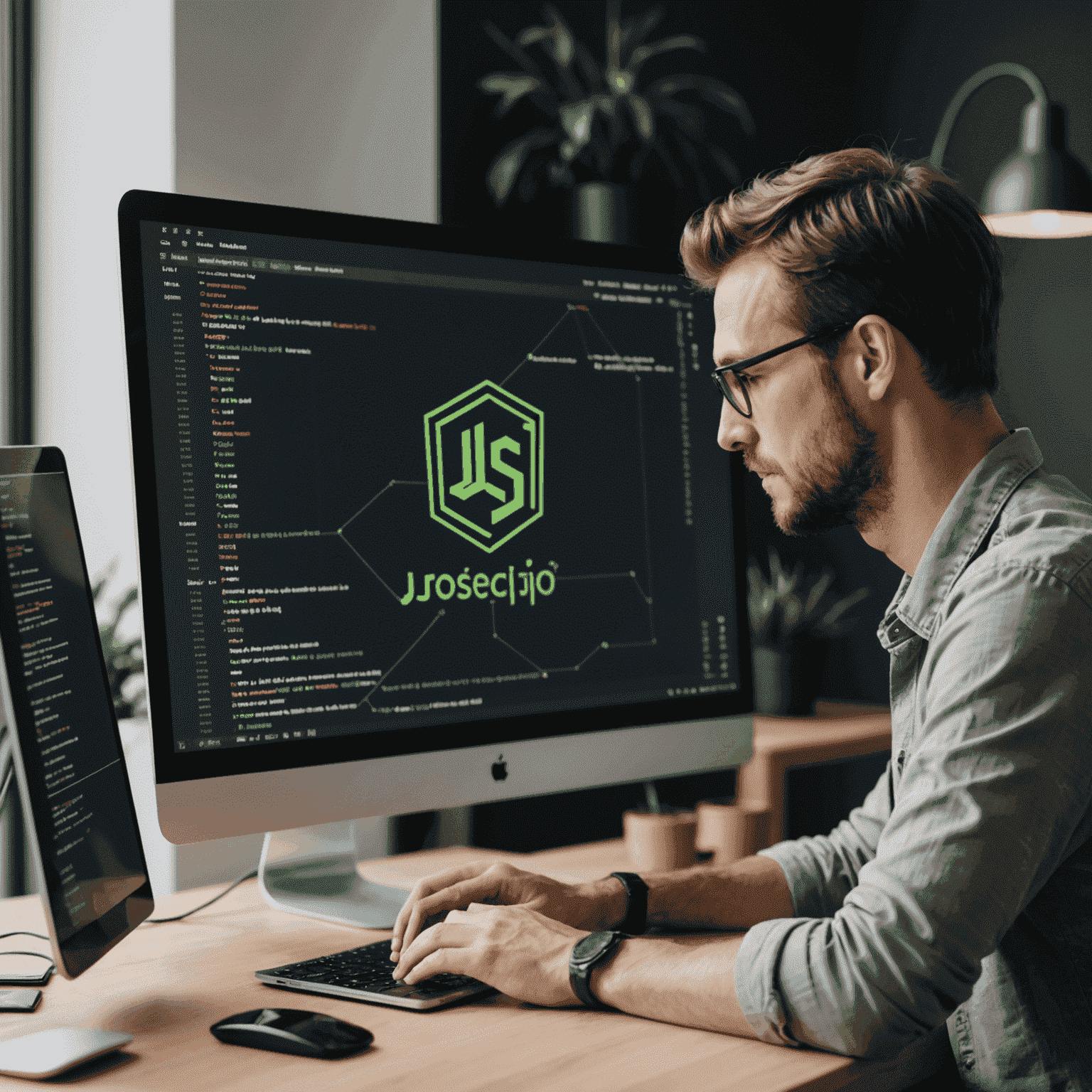 Imagen de un desarrollador trabajando en código Node.js, mostrando una pantalla con líneas de código JavaScript y el logo de Node.js en un entorno minimalista