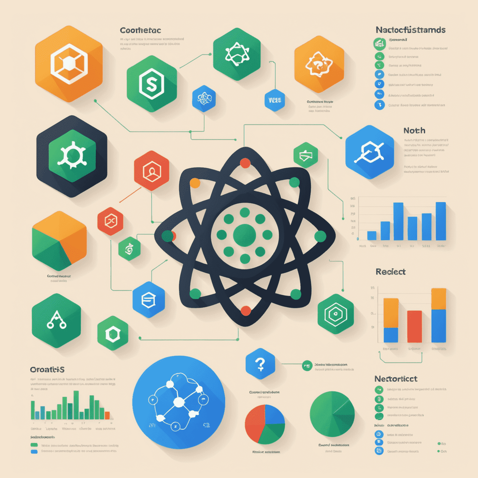 Gráfico que muestra las tendencias actuales en el ecosistema de JavaScript, incluyendo frameworks populares y herramientas de desarrollo. Se ven iconos de React, Vue, y Node.js junto con estadísticas de uso.