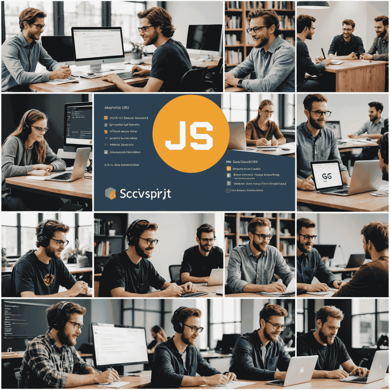 Collage de imágenes que muestran diferentes aspectos de los cursos de JavaScript, incluyendo estudiantes trabajando en proyectos, interfaces de cursos en línea y logotipos de certificaciones reconocidas en la industria.